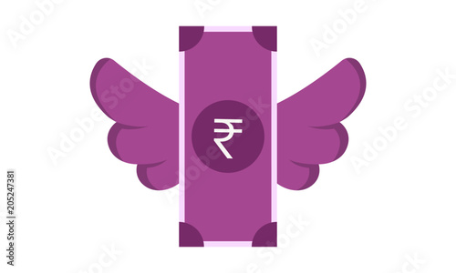Vector illustration of Indian Rupee Currency Banknote Bill with Wings. Flying Money Concept.