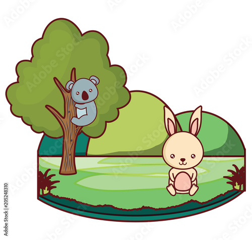cute koala on tree branch and rabbit on the grass over white background, colorful design. vector illustration