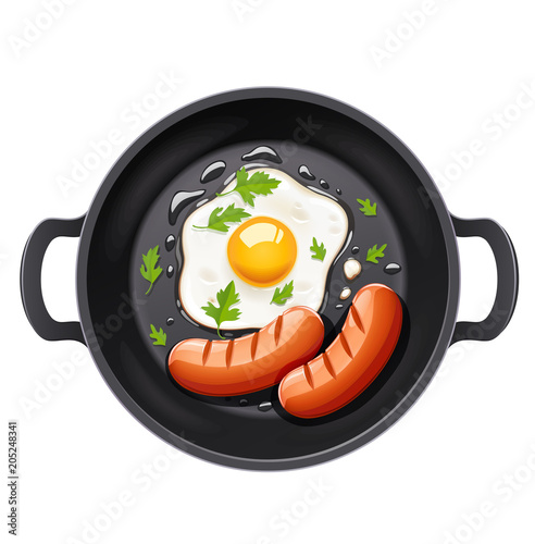 Grilled egg and sausage at frying pan. Picnic grill. Cooking