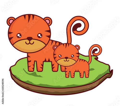 cute tigers on the grass over white background, colorful design. vector illustration