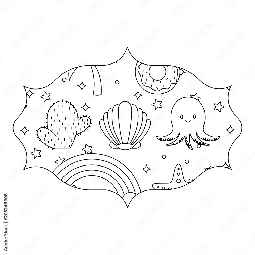 arabic frame with cute octopus and related icons pattern over white background, vector illustration