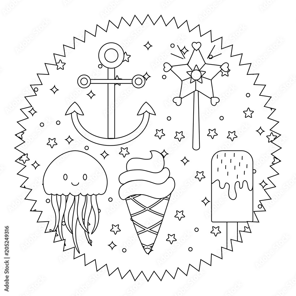 seal stamp with anchors and ice creams pattern over white background, vector illustration