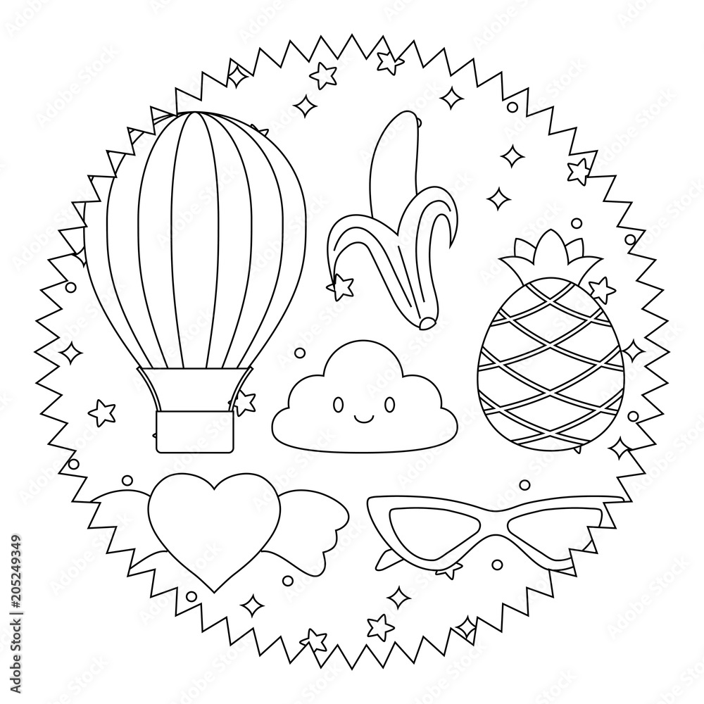 seal stamp with kawaii clouds and fruits pattern over white background, vector illustration seal stamp with kawaii clouds and fruits pattern over white background, vector illustration
