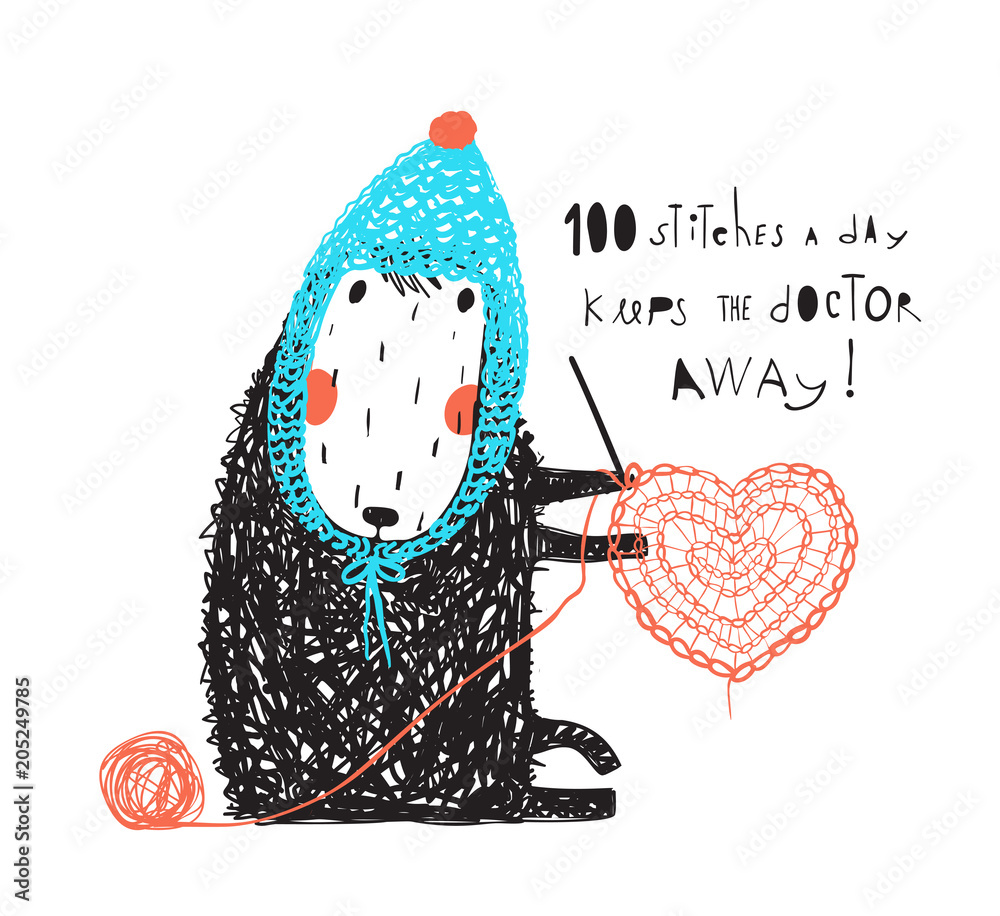 Fototapeta premium Urocza owca siedząca w ciepłej czapce i szydełkująca. Kreskówka wektor.