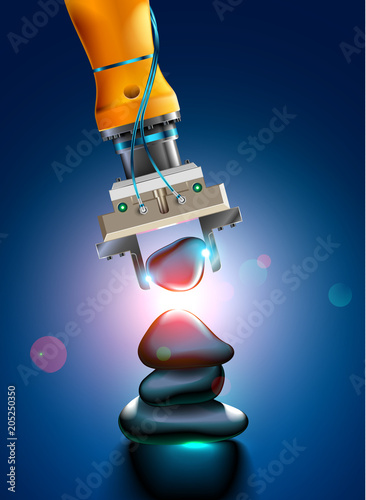 Artificial intelligence trains robotic arm. Machine learning. Future concepts. Robot manipulators ultra precise positional accuracy.