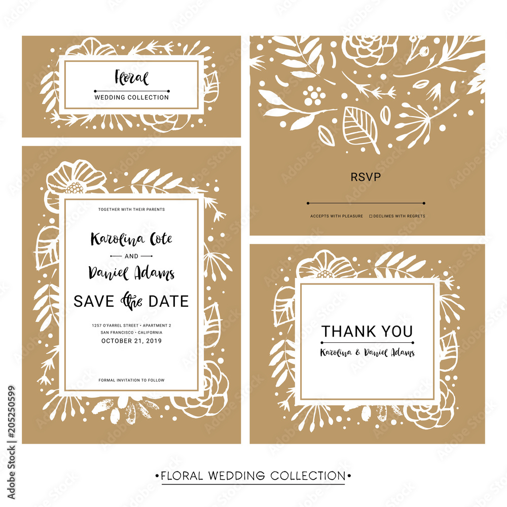 Save the Date. Wedding invitation calligraphy floral cards with catchwords. Modern lettering. Hand drawn design elements. Vector illustration.