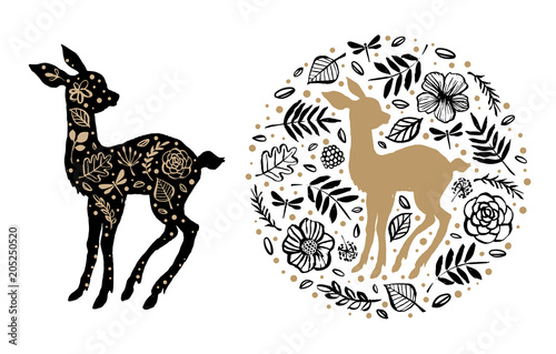 Silhouette of little sweet baby deer, fawn with flower pattern in the floral circle. Hand drawn design elements. Vector illustration. Nursery scandinavian art. photo