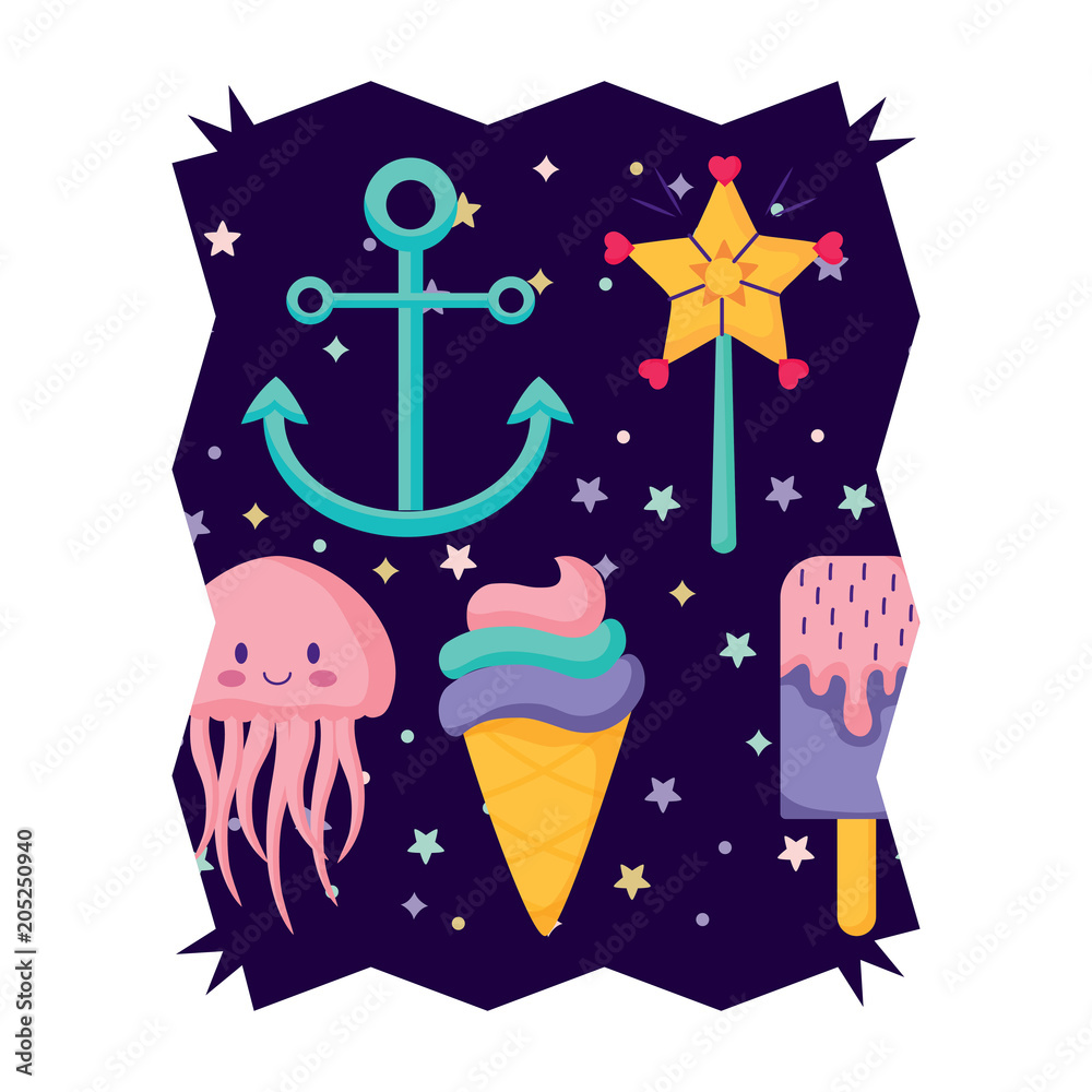 abstract frame with anchors and ice creams pattern over white background, vector illustration
