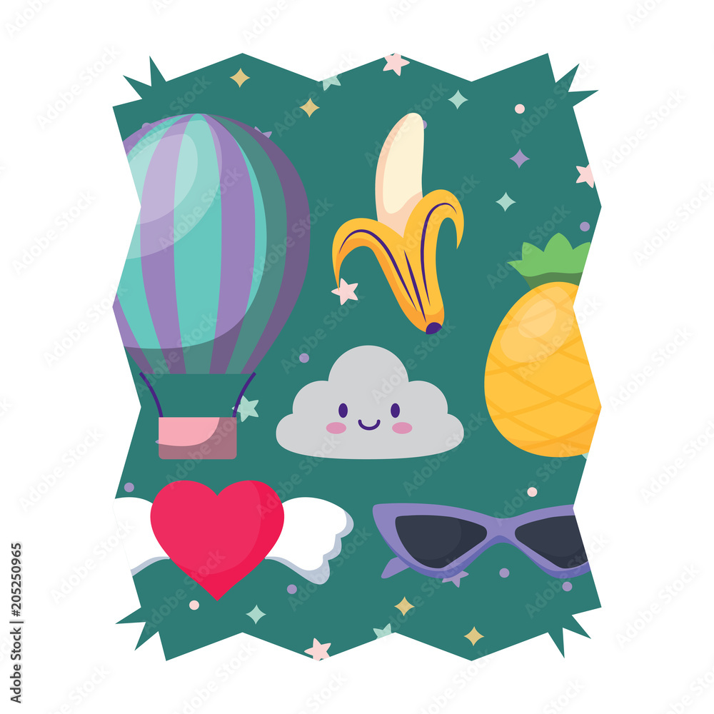 Naklejka premium abstract frame with kawaii clouds and fruits pattern over white background, vector illustration