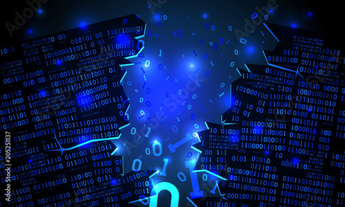 Abstract futuristic cyberspace with a hacked array of binary data, broken falling binary code, matrix background with digits, big data artificial intelligence, well organized layers