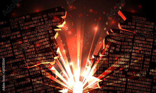 Abstract futuristic cyberspace with a hacked array of binary data, explosion with rays of light, blown-up binary code, matrix background, big data internet of things, well organized layers