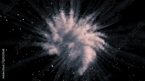 Cg animation of color powder explosion on black background. Slow motion movement with acceleration in the beginning. Has alpha matte