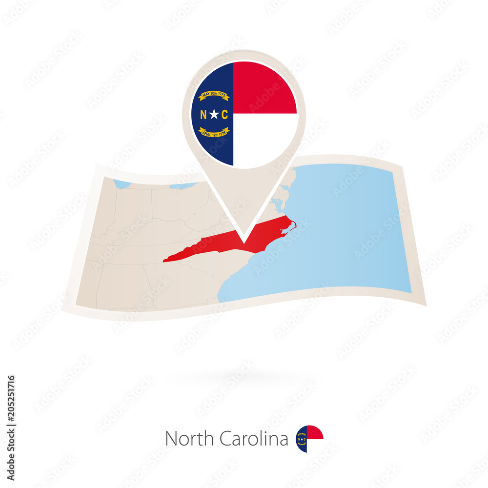 Folded paper map of North Carolina U.S. State with flag pin of North  Carolina. Stock Vector | Adobe Stock