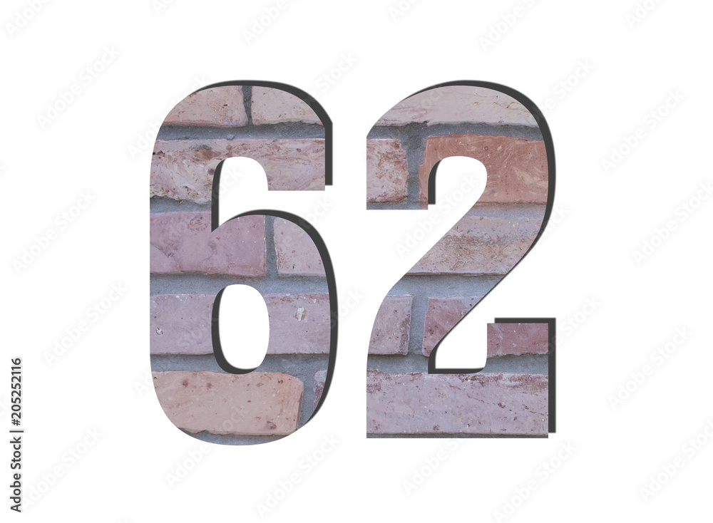 62 Number. Decorative red brick wall texture. English style. White isolated 62 Number. Decorative red brick wall texture. English style. White isolated