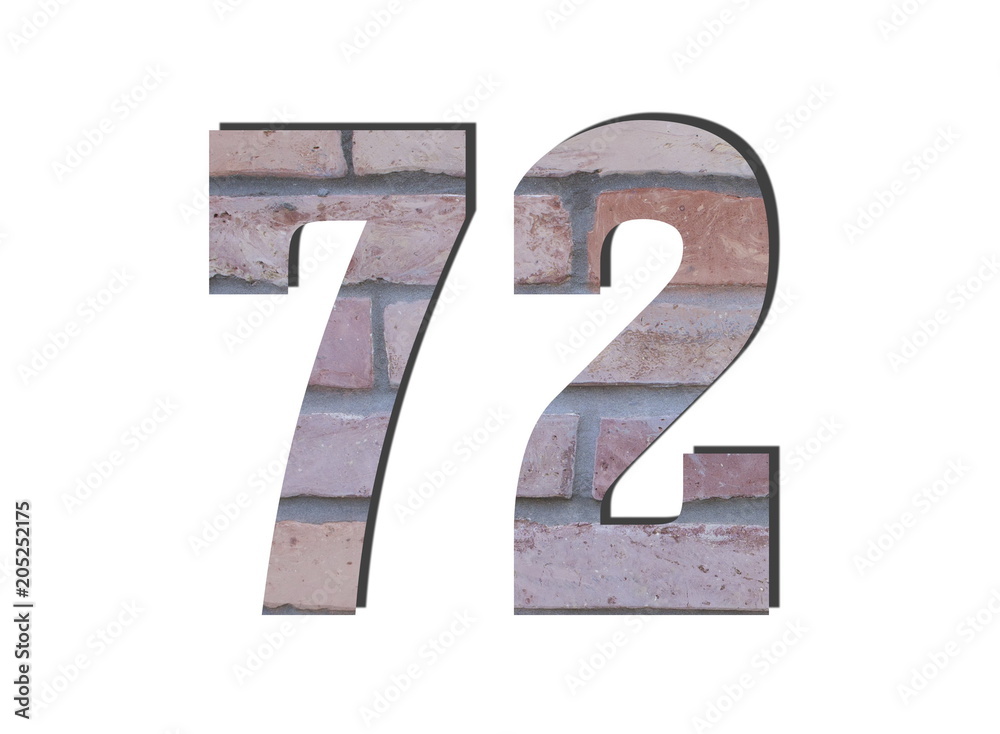 72 Number. Decorative red brick wall texture. English style. White isolated 72 Number. Decorative red brick wall texture. English style. White isolated