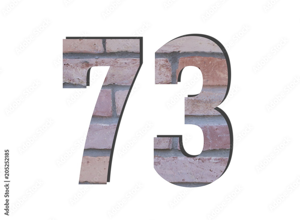 73 Number. Decorative red brick wall texture. English style. White isolated 73 Number. Decorative red brick wall texture. English style. White isolated