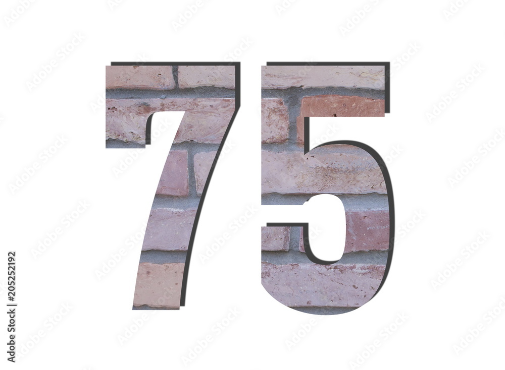 75 Number. Decorative red brick wall texture. English style. White isolated 75 Number. Decorative red brick wall texture. English style. White isolated