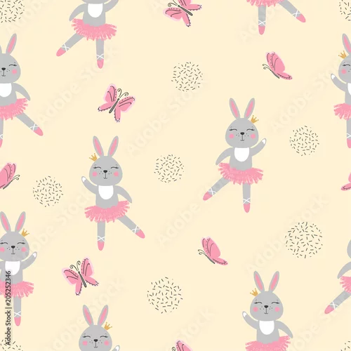 Tapety Śliczny królik balerinek bezszwowy wzór. Wektorowy tło z królik dziewczynami dla dzieciaka projekta.