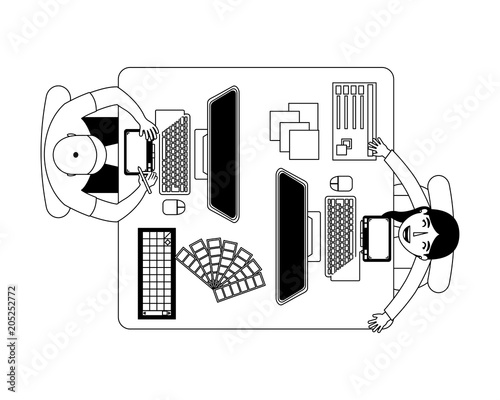 aerial view of teamwork working with computers vector illustration design