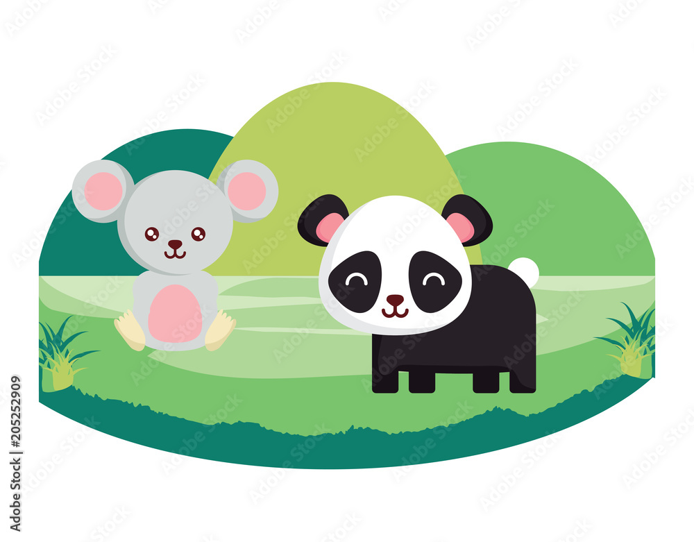 Obraz premium cute panda bear and mouse on the grass over white background, colorful design. vector illustration