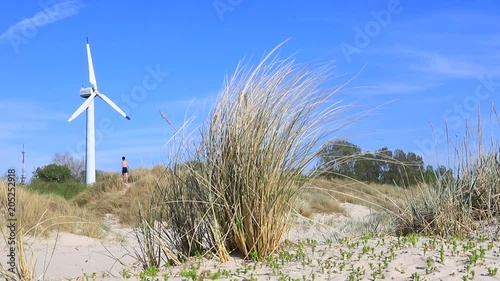 Windmill with blowing grass in foreground boy walking away.