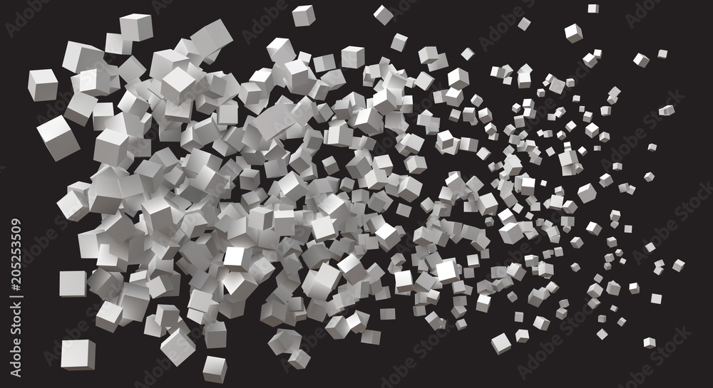 wave of simple cubes. size being bigger from right to left.