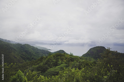 Beautiful bird's-eye view of the rainforest, ocean and mountains.