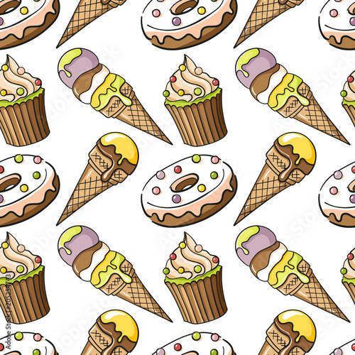 Sweets food pattern bright colors. Pink, yellow, purple, mauve, green, chocolate, vanilla, lemon ice cream, ice cream cone, donut, muffin, cupcake