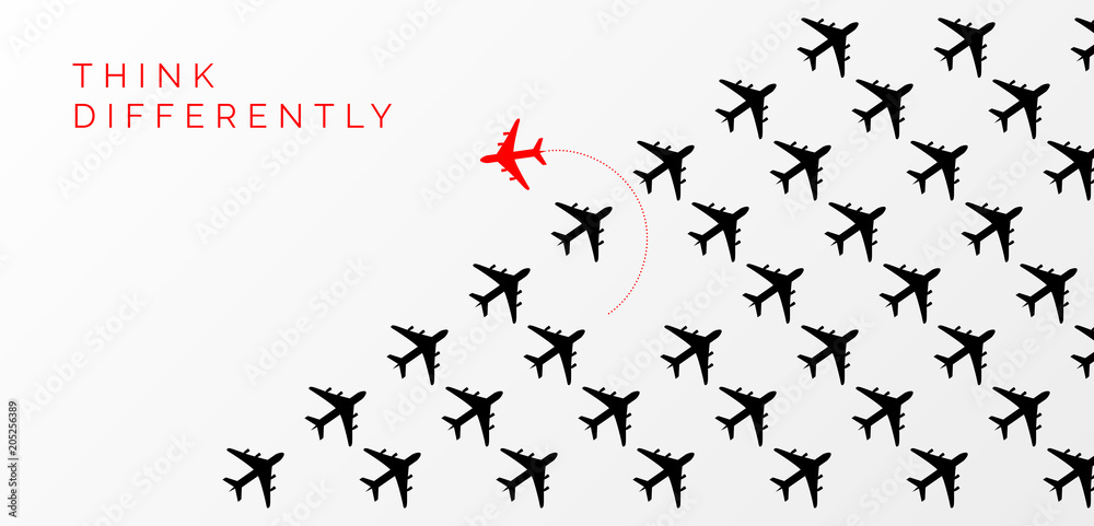 Naklejka premium Think differently concept. Red airplane changing direction