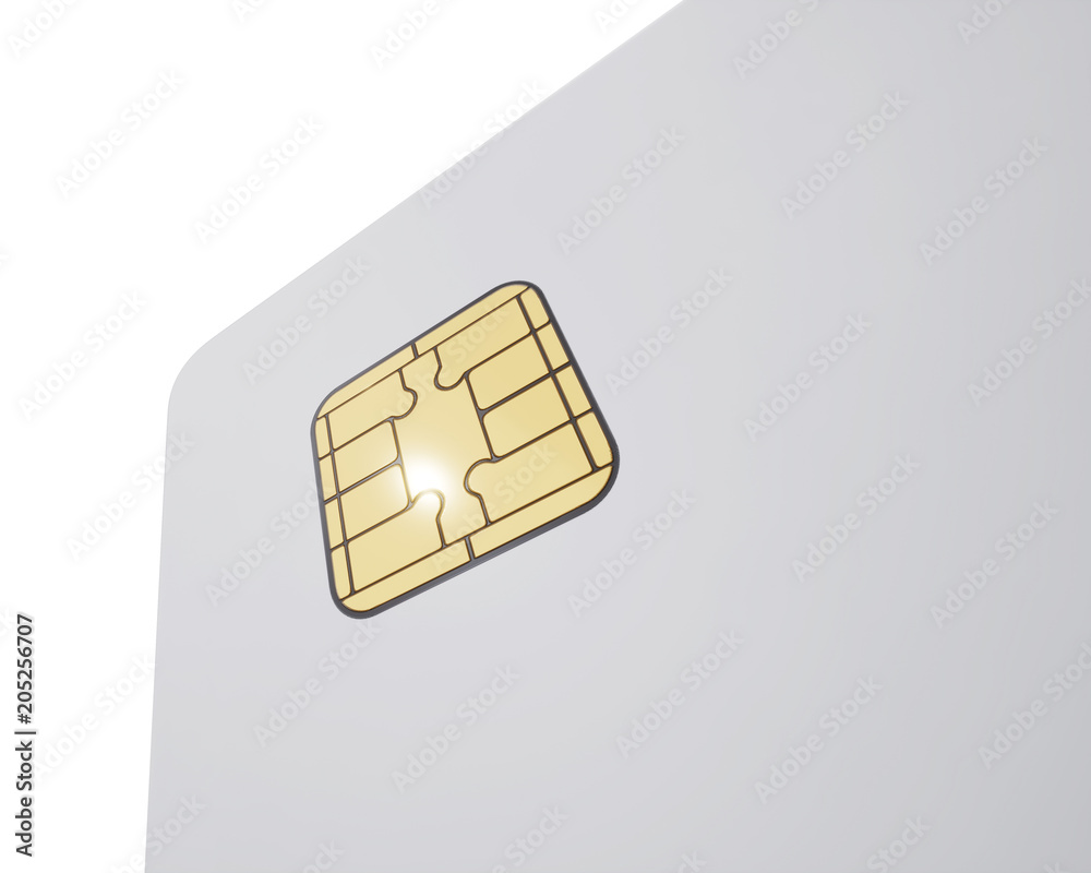 Chip credit card closeup. 3d rendering. Isolated on white background Chip credit card closeup. 3d rendering. Isolated on white background