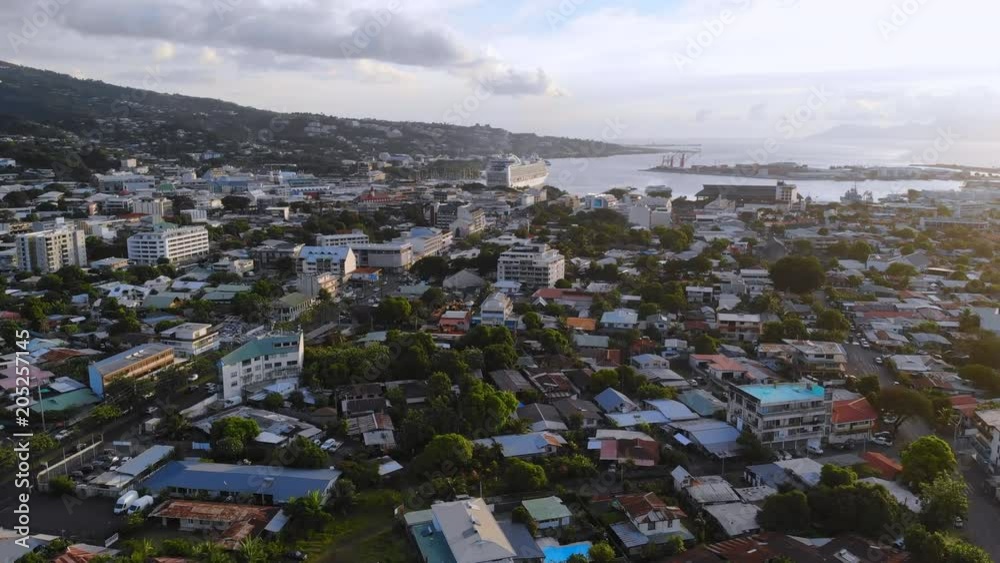 Aerial view of cityscape of Papeete, modern capital city of French Polynesia - Tahiti island from above, 4k UHD