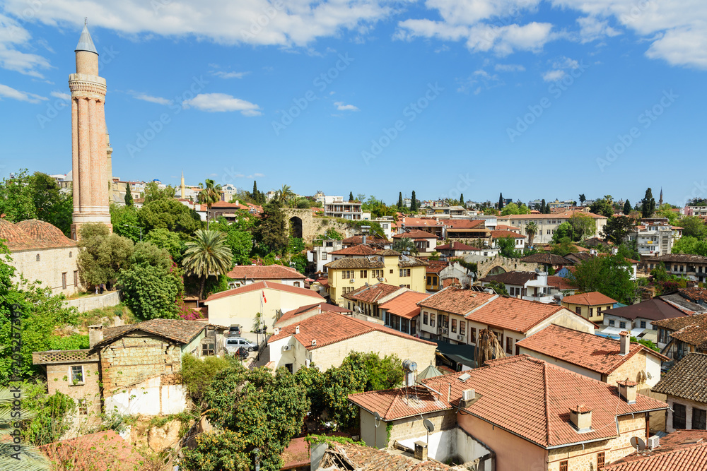 View on the roofs of Old city Kaleici and Yivli Minare Mosque. Antalya. Turkey