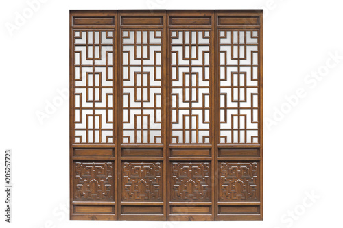 Chinese traditional style wooden door on isolated white background