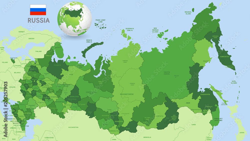 Fototapeta premium Green Russia Vector Administrative Map