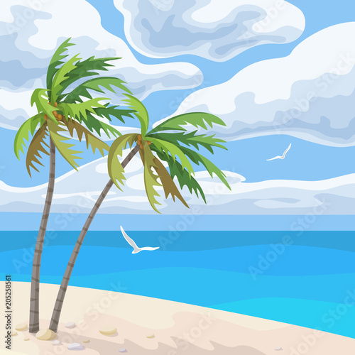 Seaside Landscape with Palm Trees and Clouds
