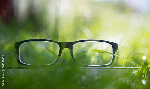 Brille auf Buch draußen im Gras, Intelligenz, Textfreiraum, Breitbild
