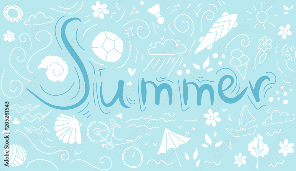 the inscription summer background pattern with Bicycle, ball, flourishes, skateboard, shells and flowers. the inscription summer background pattern with Bicycle, ball, flourishes, skateboard, shells and flowers.