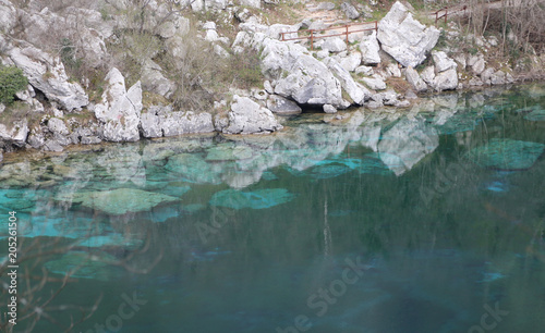 blue and transparent surface of a mountain lake