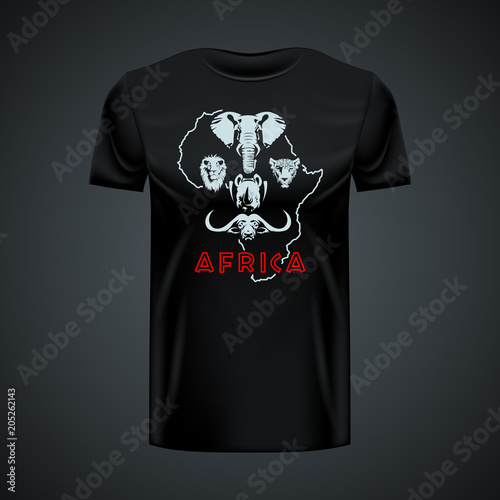 Vintage t-shirt with stylish african big five in center. Editable layout