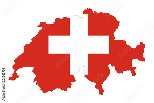 Flag of Switzerland in country silhouette. Landmass and borders as outline, within the banner of the nation. Red flag with white cross. Isolated illustration on white background. Vector.