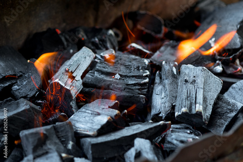 close-up burning natural coals in the fire