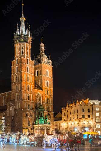 Church of Mary against the black night sky, Krakow Poland