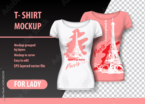 T-Shirt Mockup with Paris tower and funny phrase in two colors. Mockup layered and editable. photo