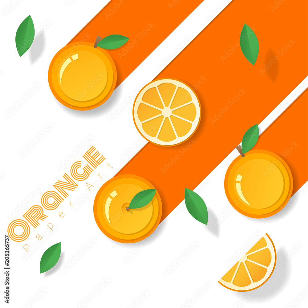 Fototapeta Świeże owoce pomarańczowe tło w stylu sztuki papieru, wektor, ilustracja