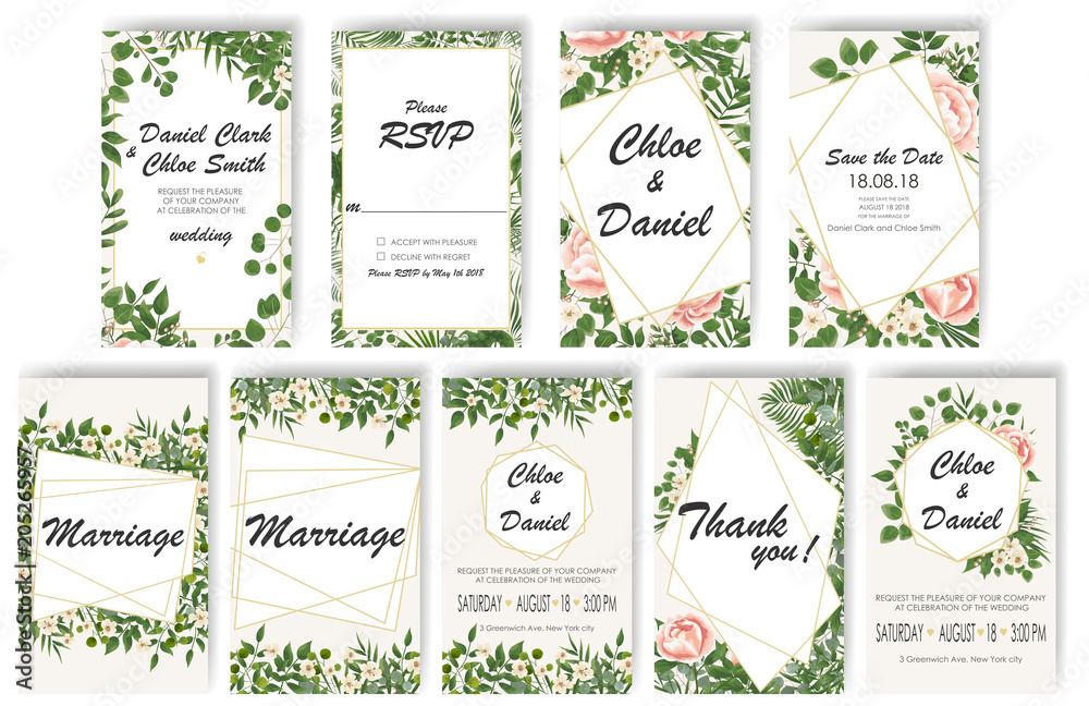 set Wedding Invitation with peonies, flowers and green leaves. rsvp is a modern card design. natural, Botanical, elegant vector illustration