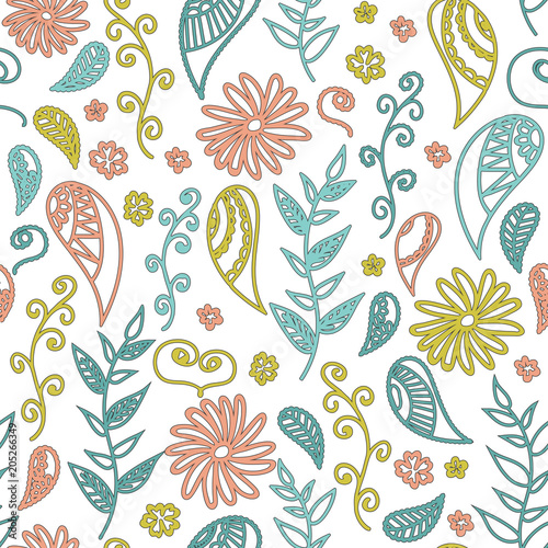 seamless pattern of drawn contours of leaves  flowers  curls. background for patterns  cards  background.sketch collection. Decorative elements for design. Ink  vintage  rustic.