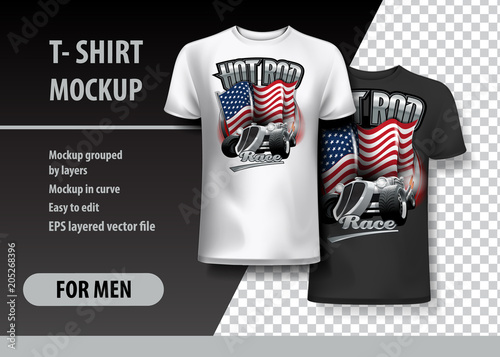 T-Shirt template, fully editable with Vintage Hot Rod logo in two colors. EPS 10 Vector Illustration.