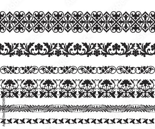 Set of black seamless classic floral ornaments. Byzantine, Arabic, Muslin, East style. Pattern brushes are included.