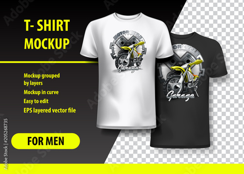 T-Shirt template, fully editable with Motorbike garage. EPS 10 Vector Illustration.