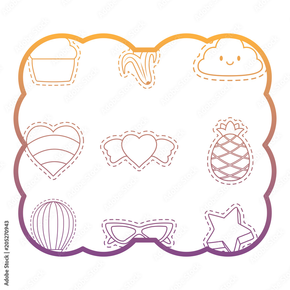 decorative frame with fruits and heart pattern over white background, vector illustration